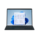 A refurbished Microsoft Surface Pro 8 i7 1185G7 3GHz 16GB 256GB 13" Touch W11P by Microsoft with detachable keyboard shows the Windows 11 Start menu on a blue abstract background, resting on a plain white surface.