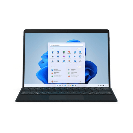 A refurbished Microsoft Surface Pro 8 i7 1185G7 3GHz 16GB 256GB 13" Touch W11P by Microsoft with detachable keyboard shows the Windows 11 Start menu on a blue abstract background, resting on a plain white surface.