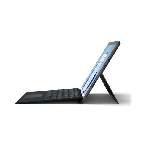 A refurbished Microsoft Surface Pro 8 i7 1185G7 3GHz 16GB 256GB 13" Touch by Microsoft with a detachable keyboard and built-in stand is shown side view on a white background, set up like a laptop with a document displayed on the screen.
