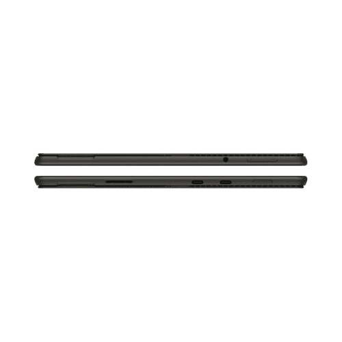 Two thin, closed black refurbished Microsoft Surface Pro 8 laptops are shown from the side, highlighting ports like USB-C, a headphone jack, and ventilation grills against a white background.