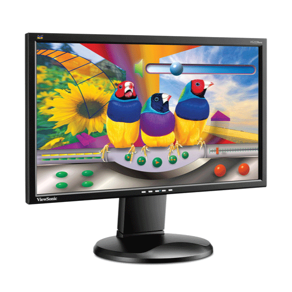 The ViewSonic VG2228wm 22 1920x1080 monitor displays vivid graphics and three colorful birds on a branch with a bright, floral abstract background—ideal for creative spaces. Certified refurbished unit shown, stand not included.